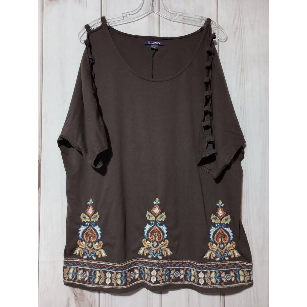 Roamans Shirt Ladies Large Brown Bohemian Cut Out Shoulder Short Sleeve Round Ne